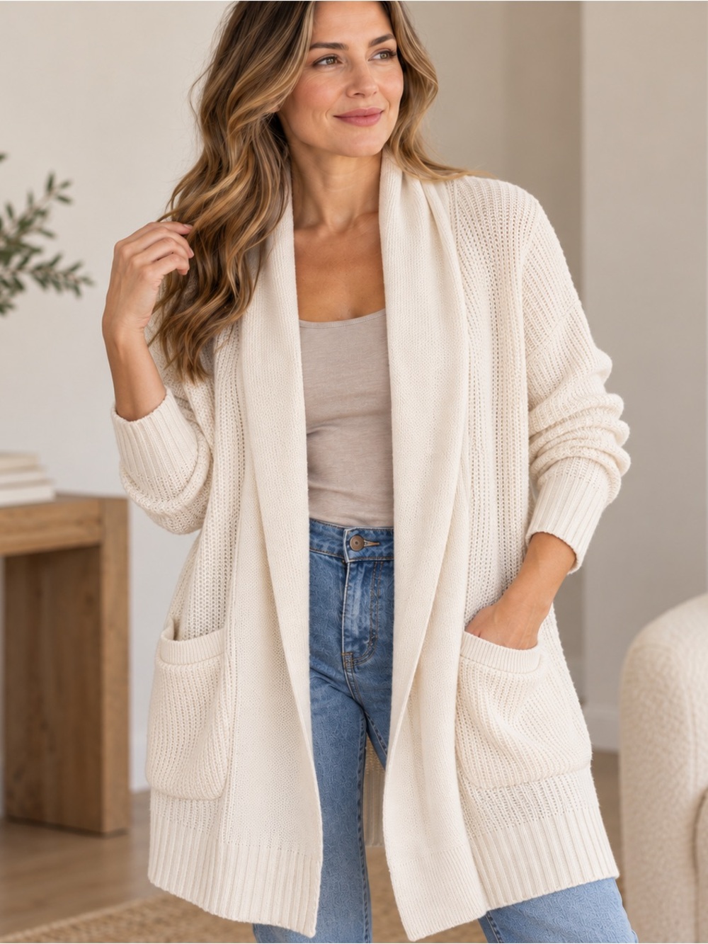 Cozy Zara Home Essentials Collection long open-front cardigan soft cream knit